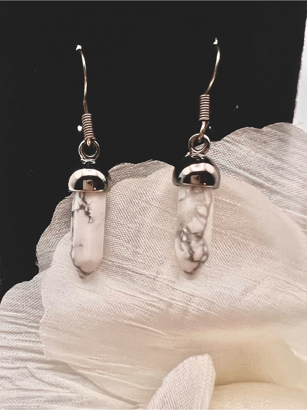 Howlite Point Drop Earrings with Silver Caps